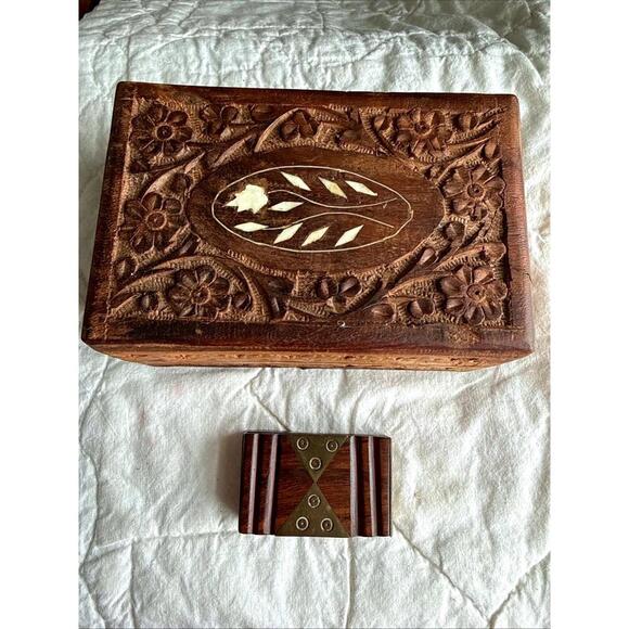 Other - VTG Ornate Wood Hand Carved Trinket Jewelry Box Floral Lot 2 Cottage Shabby Chic